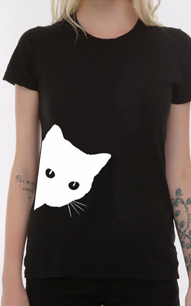 Black Kitty Cat Round Neck Print Short Sleeve T-Shirt - BestFashionHQ.com
