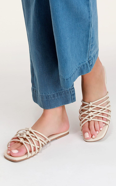 Melanie Cream Knotted Flat Slide Sandals - BestFashionHQ.com